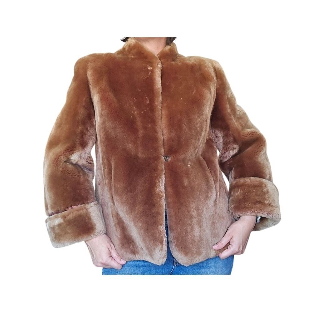 Vintage Light Brown Faux Fur Short Jacket Coat 1950's 1960's Mob Wife Old Money